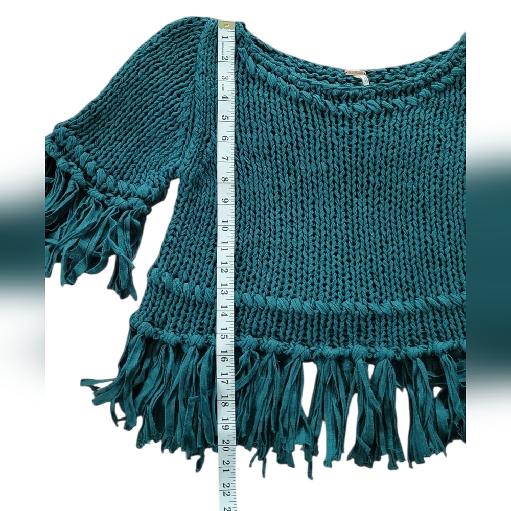 Free People Teal On The Fringe Crop Top Knit Sweater, Boho, Cottagecore, Size XS - Picture 7 of 9